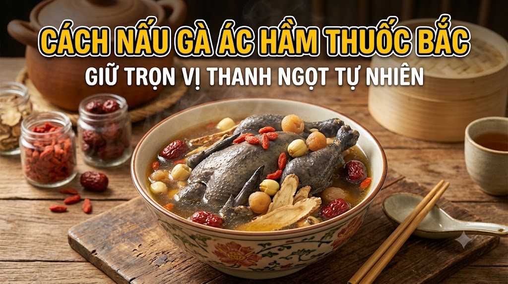 Thố gà ác hầm thuốc bắc được nấu trên lửa chậm với các vị thảo mộc