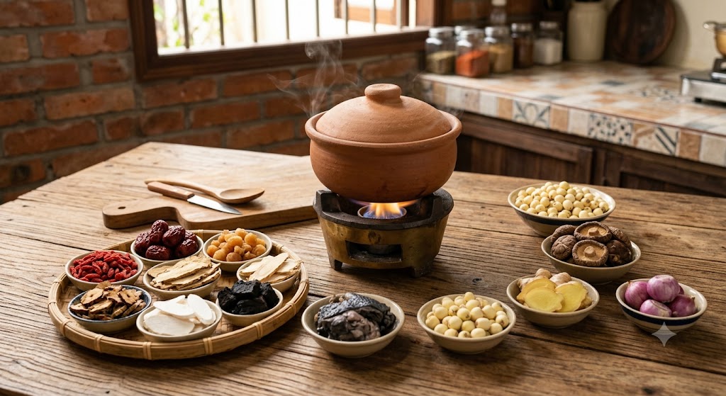 Thố gà ác hầm đậy kín nắp trên ngọn lửa nhỏ
